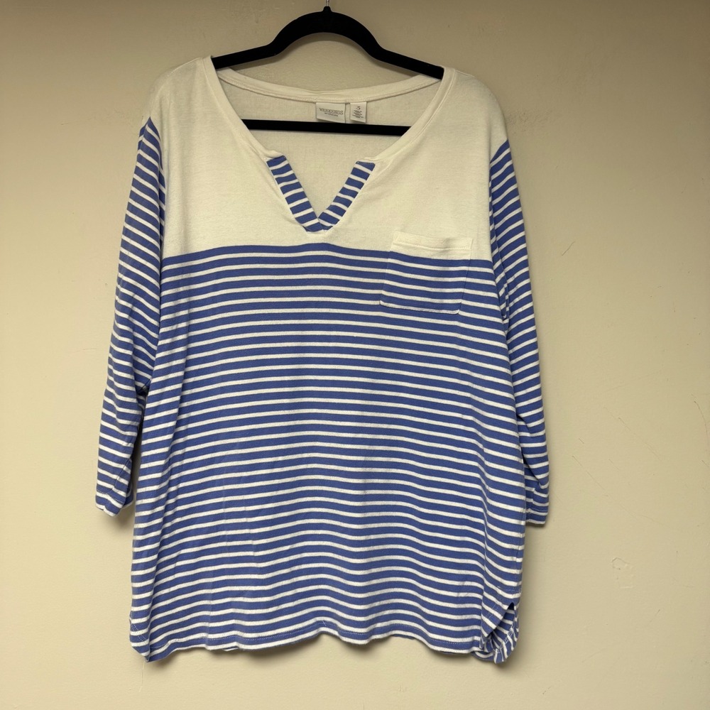Weekends by Chico's Striped Blue White V-Neck Pocket Tunic Top‎ Size 3
